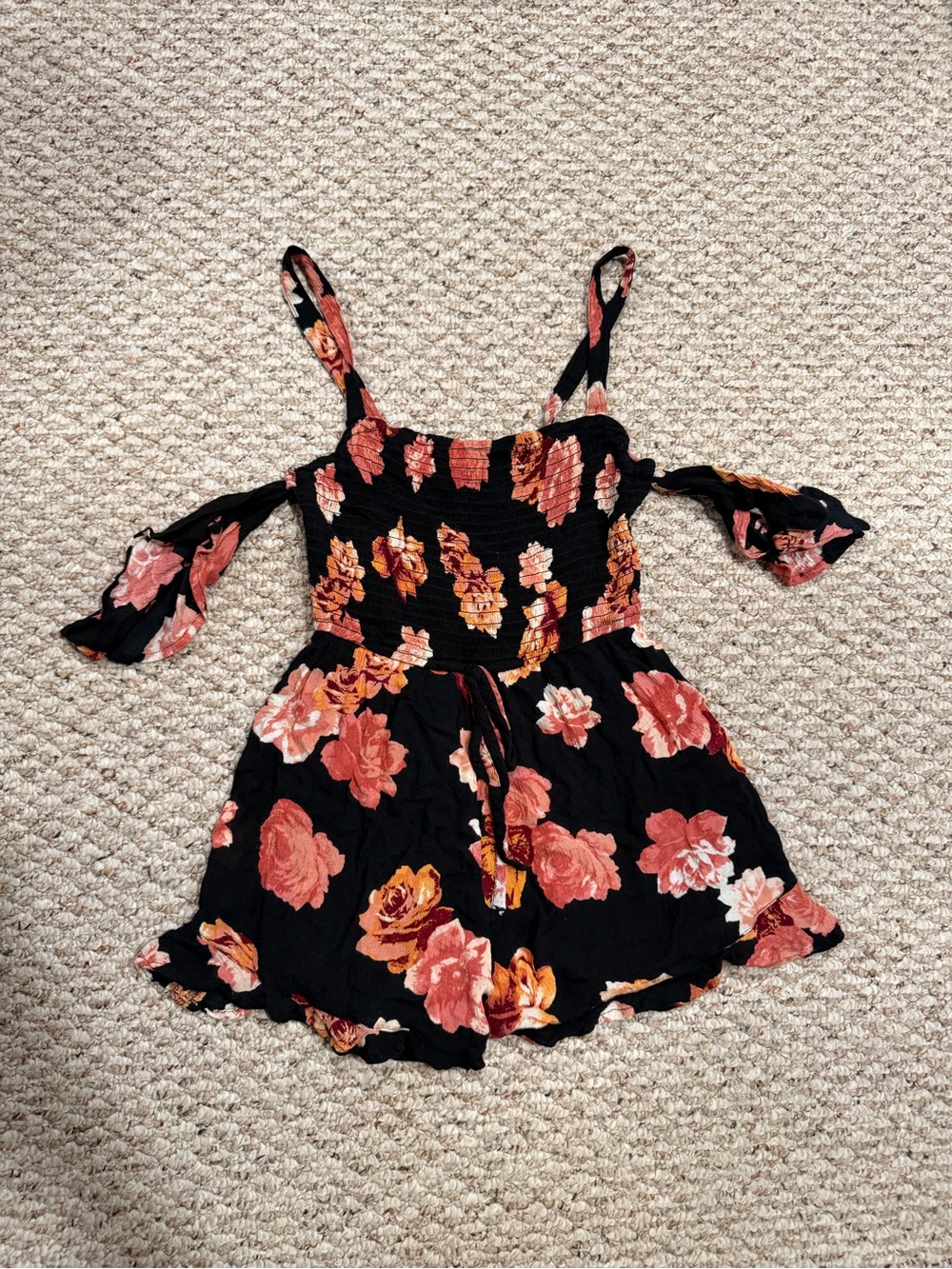 Band of Gypsies Black Floral One-Piece Romper with Pink and Orange Roses